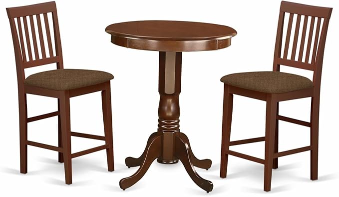 East West Furniture EDVN3-MAH-C 3 Piece Counter Set for Small Spaces Contains a Round Dining Room Table with Pedestal and 2 Linen Fabric Upholstered Chairs, 30x30 Inch, Mahogany