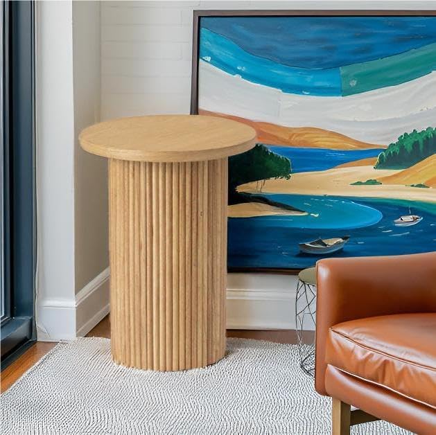 Round Side Table, Small Wood End Table Nightstand for Living Room, Bedroom, Office Small Spaces, Mid Century Modern Farmhouse Accent End Tables, Fluted Base Design, 16.93" D x 22.44" H