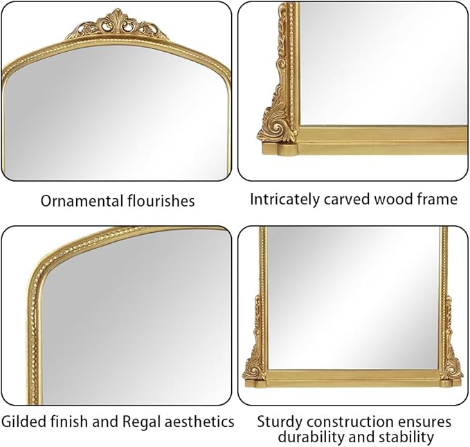 Traditional Ornate Arched Wall Mirror Baroque Vintage Framed Bathroom Vanity Large Rectangle Gilded, 34''H x 32'' W, Antique Gold