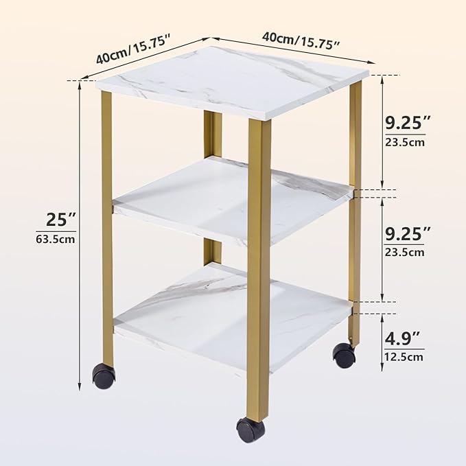 Side Table, End Table with Wheels, Printer Stand with 3-Tier Storage, Bedside Table,Telephone Table,Square Small Side Table for Living Room, Bedroom, Office, Kitchen, Metal Frame, Easy Assembly -White