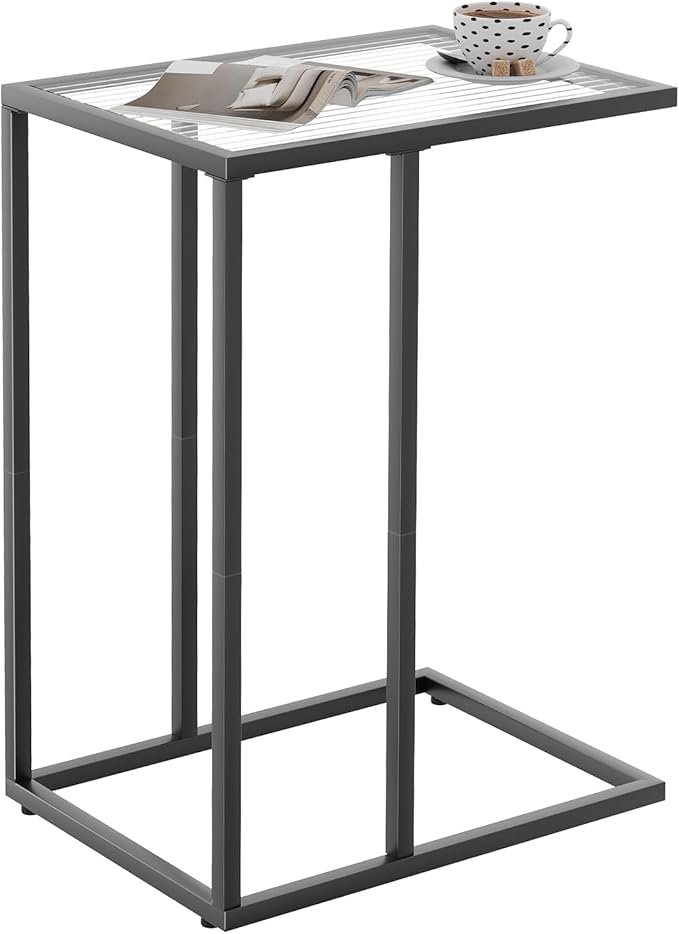 C Shaped End Table, Glass Couch Side Tables for Living Room, Small Modern Sofa Table with Metal Frame, TV Tray Table for Bedroom, Office, Small Space, Black