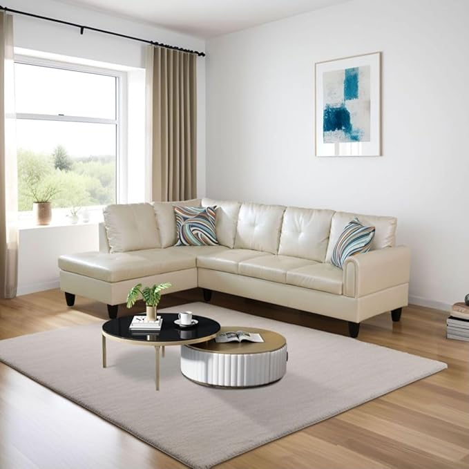 Pearl White L-Shaped 3-Piece Faux Leather Sofa with Storage Ottoman Set, Sectional Couch Sofa Set for Living Room, Office, Small Space