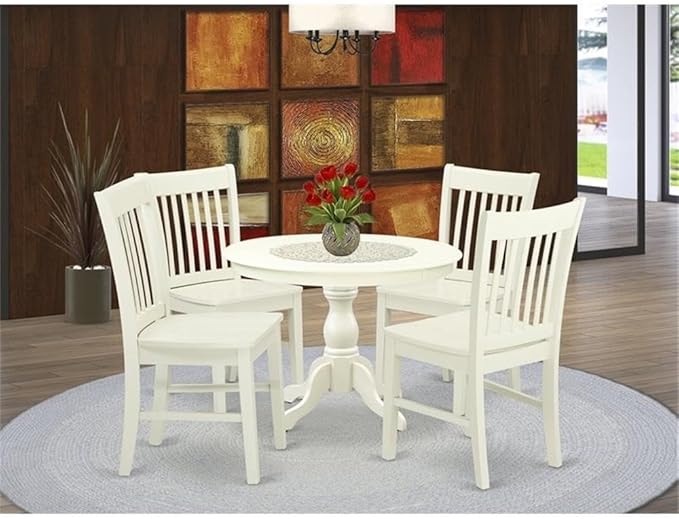 East West Furniture HBNF5-LWH-W 5 Piece Modern Dining Table Set Includes a Round Wooden Table with Pedestal and 4 Dining Room Chairs, 42x42 Inch, Linen White
