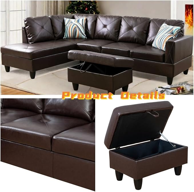 L Shaped Sectional Couch with Otttoman, 97" Leather Sectional Sofa for Living Room Modular Couches with Cup Holders for Bedroom, Apartments, Brown
