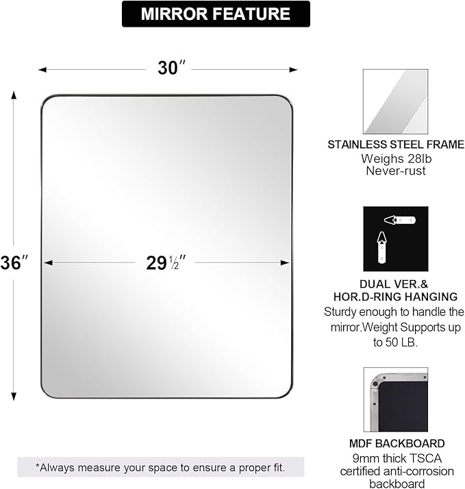 ANDY STAR Chrome Mirror for Bathroom, 30x36 Metal Frame Wall Mirror with Rounded Corner, Modern Rectangle Bathroom Vanity Mirror with Polish Finish…