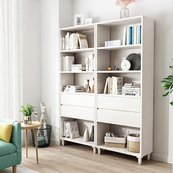 IOTXY White Mid-Century Bookcase with Legs - 67" Tall Open Shelves Cube Billy Bookshelf with Double Drawers for Home and Office