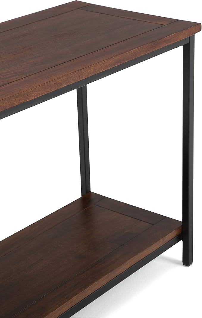 SIMPLIHOME Skyler Console Table - 54 Inch Wide Solid Mango Wood and Metal Sofa Table in Dark Cognac Brown, Industrial Entryway Table for Living Room with Open Bottom Shelf and Black Steel Frame