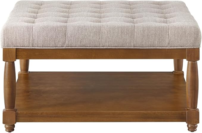 24KF Upholstered Square Coffee Table with Wooden Shelf, Tufted Button Large Square Ottoman with Spindle Wooden Legs, Linen Large Footrest Ottoman Pouf for Living Room, Linen