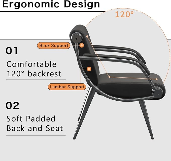 wonline 2Pcs Waiting Room Chair with Armrest Black PU Leather Office Furniture, Office Guest Seating Lobby Conference Reception Chairs for Airport Clinic Hospital Bank Salon Barber(Black)