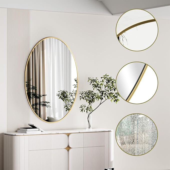 Koonmi Gold Oval Bathroom Mirror, 20"x28" Bathroom Vanity Mirror, Oval Mirror for Bedroom Living Room Entryway, Hangs Horizontal or Vertical