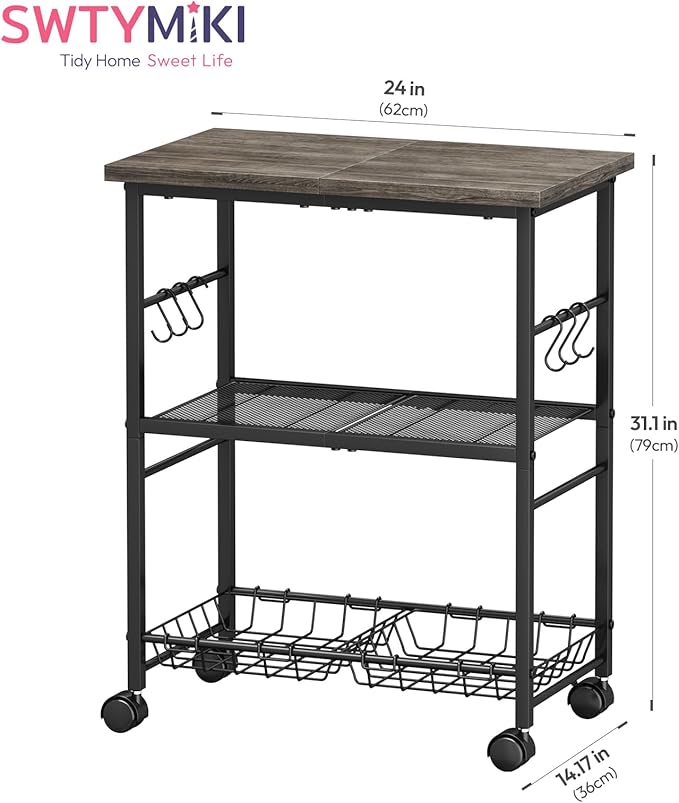 SWTYMIKI Rolling Kitchen Microwave Cart - 3 Tier Microwave Table Stand with Storage Basket and Hooks, Kitchen Utility Cart on Wheels, Coffee Cart Shelf Rack Organizer for Living Room Office, Balcony