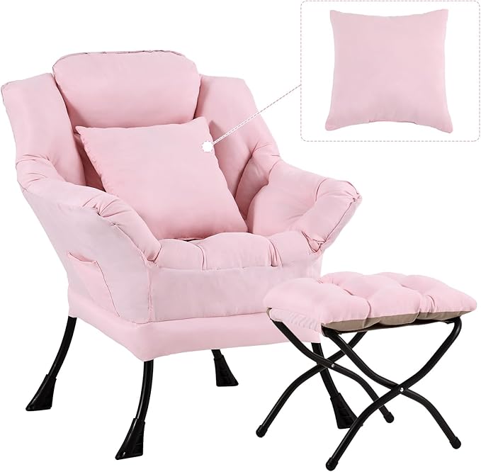 Lazy Chair with Ottoman, Comfy Reading Lounge Chair with Footstool & Throw Pillow Modern with Armrests & Side Pocket for Living Room, Bedroom, Dorm Room, Pink
