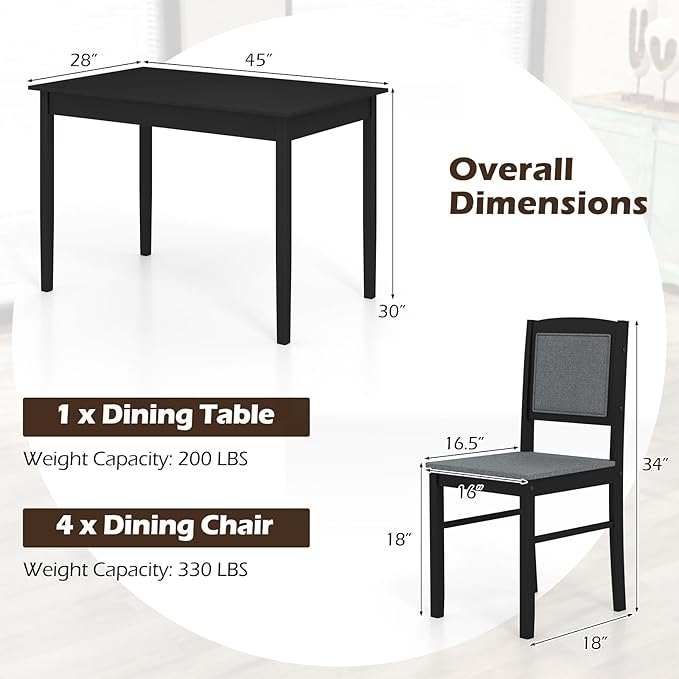 Giantex 5-Piece Dining Table Set for 4 - Breakfast Nook Table Set with Kitchen Table, 4 Upholstered Chairs, Wood Legs, Space-Saving Dinette Set, Kitchen Table Chairs Set of 4 (Black+Grey)