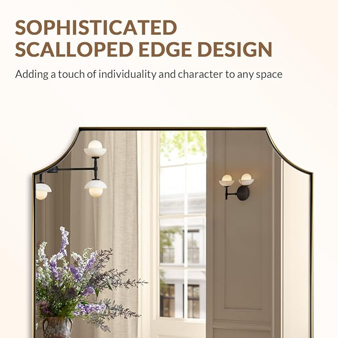 ANDY STAR Brushed Gold Rectangle Mirror, 24x36 Inch Scalloped Bathroom Mirror, Unique Rectangular Mirror with Scalloped Design, Anti-Rust Stainless Steel Frame Deep 1"
