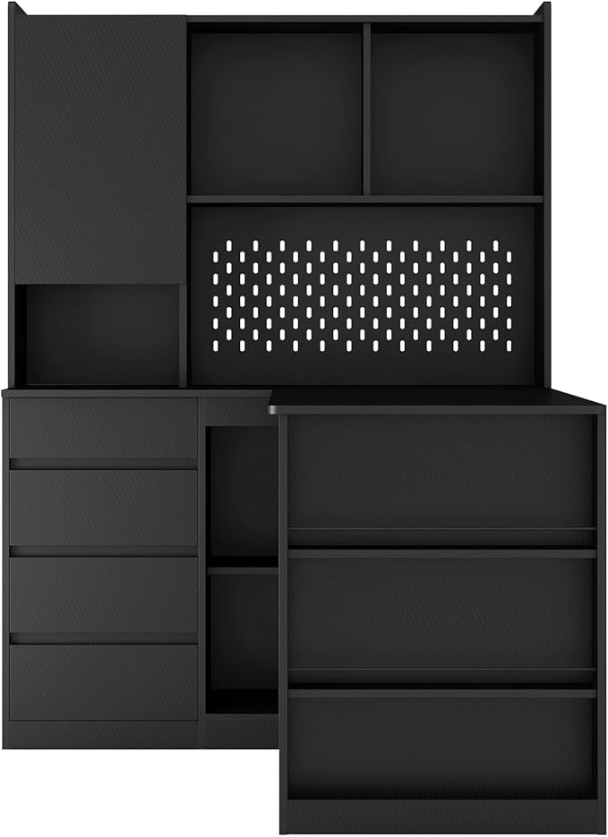 KEIKI L Shaped Home Office Desks with LED Light, Pegboard, Hutch, Drawers, Bookshelf & Storage Shelves, Modern Wooden Gaming Computer Corner Table for Work, Study, Writing
