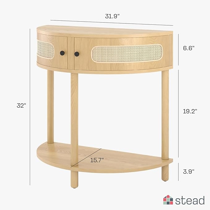 Rattan Half Moon Shaped Entry Table, Small Console Table with Storage, Modern Home Decor, Cane Console Table, Solid Wood Entryway Table with 2 Doors & Black Knobs (Natural Oak)