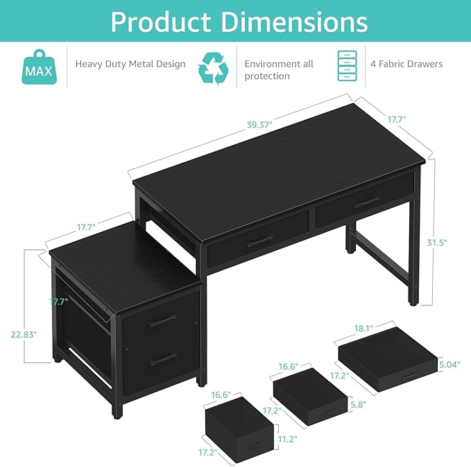 Lufeiya Gaming Desk with Fabric File Drawers Cabinet, 57 Inch Home Office Desks with Reversible Filing Cabinet Printer Stand for Small Space, Study Writing Table PC Computer Desks for Bedroom, Black