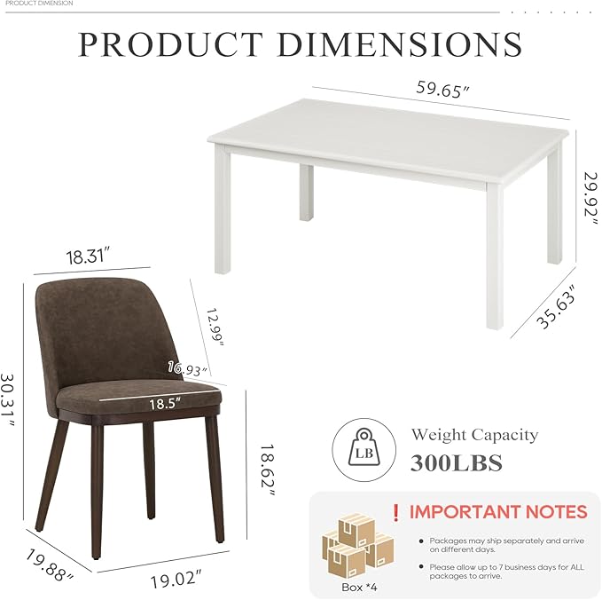 COLAMY 60 Inch Rectangular Kitchen Dining Table for 6, Modern Farmhouse Dining Table Set for 6, Wood Dining Table and Upholstered Dining Chairs for Kitchen, Dining Room, Restaurant, White/Dark Brown