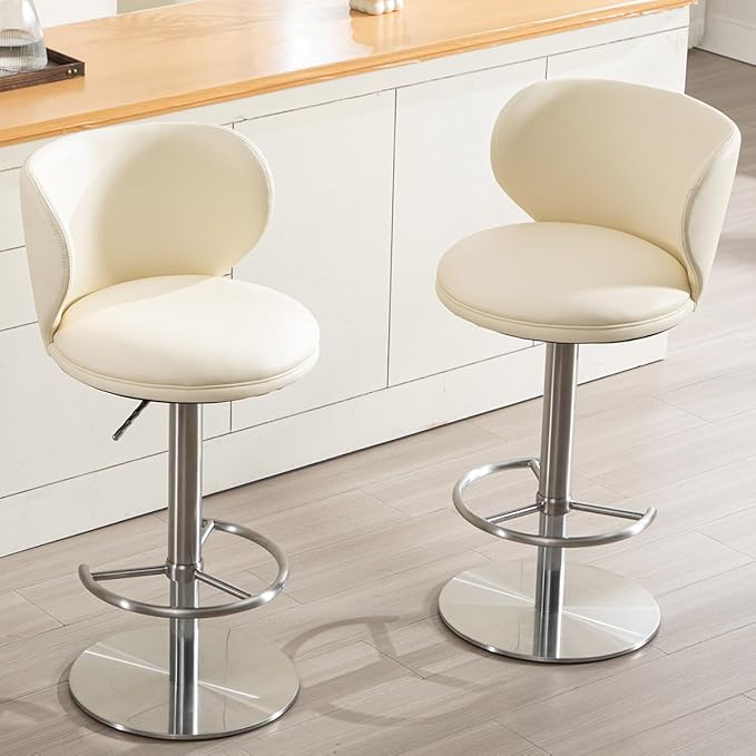 Stainless Steel Bar Stools,Grade Modern Leather Bar Chair with Backrest,Swivel Adjustable Height for Kitchen Counter and Dining Room (White Leather-1pc)