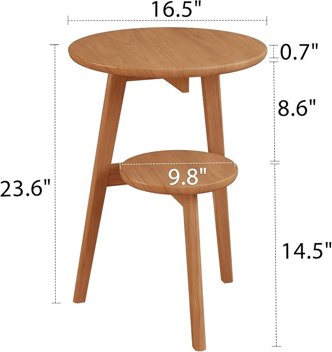 Small End Table Round End Table,Solid Wood Round Side Table with Lower Shelf，Nightstand for Small Spaces,Living Room,Bedroom(Cherry Color)