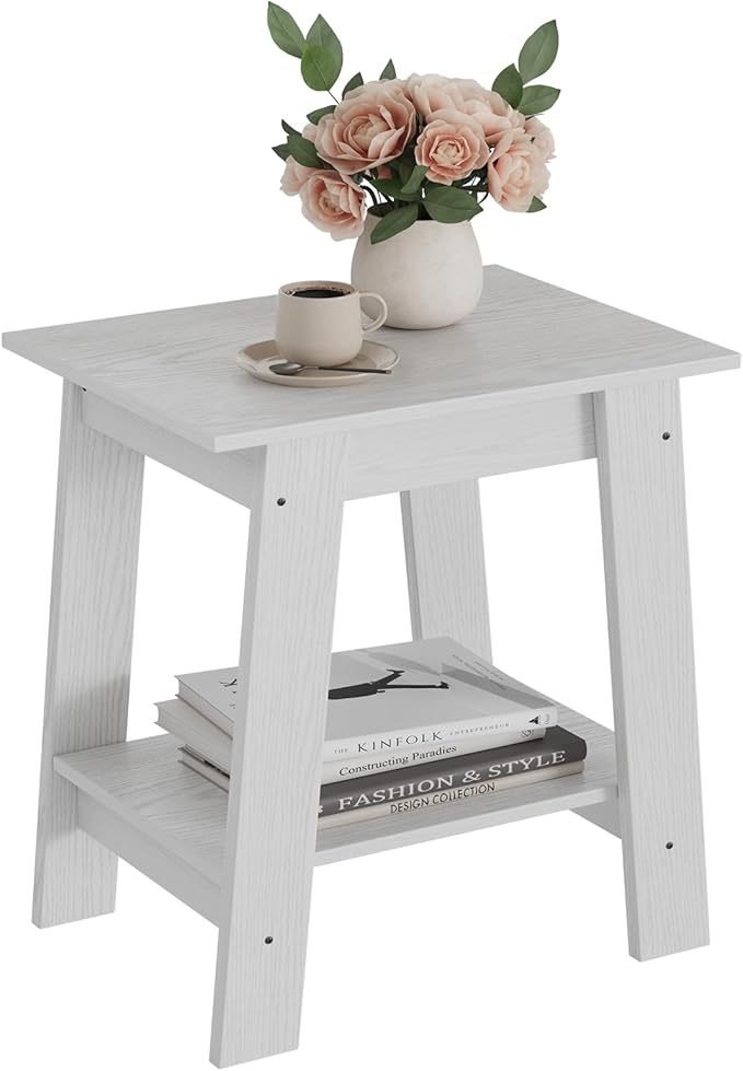 Garvee End Table, Side Table with 2-Tier Storage Shelf, Sofa Table for Small Space, Square Nightstand for Entryway, Farmhouse, Living Room, Easy Assembly, White