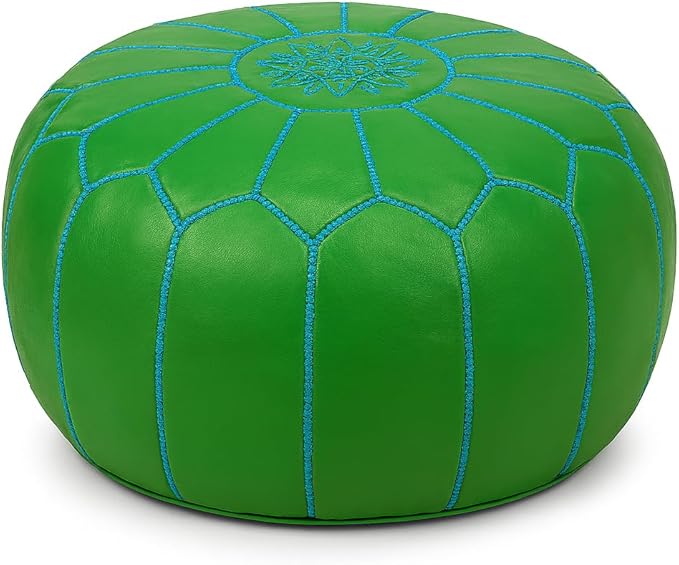 Stuffed Round Design Moroccan Leather Pouf Ottoman, Handmade, Pre-Filled, 100% Genuine Leather, 13” Height x 20” Diameter, Footstool & Living Room Décor (Green)