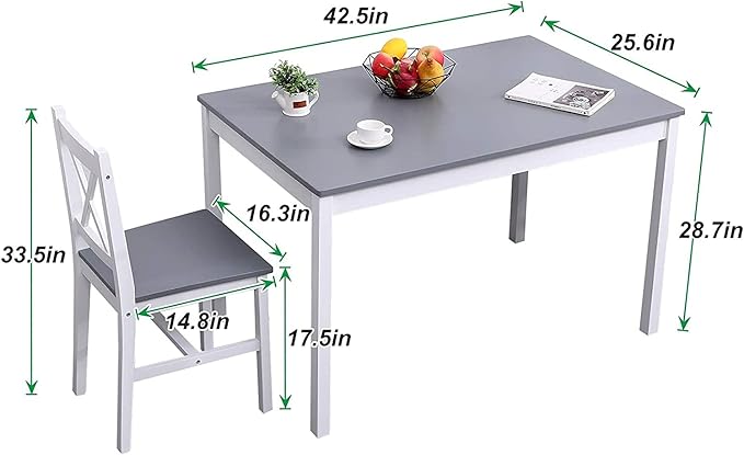 soges Dining Table Set for 4, 42.5 inch Pine Wood Dining Room Table with 4 Chairs, 5-Piece Kitchen Table Chairs Set for Small Space, Apartment, Dinette, Breakfast, White and Grey