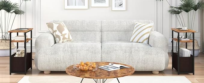 Narrow Side Table with Charging Station Set of 2, Small End Table for Small Spaces, Skinny Nightstands Set 2 with Storage Basket,Sofa Bedside Tables for Living Room,Bedroom, Rustic Brown