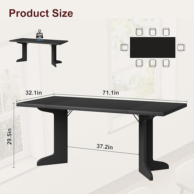 71" Large Dining Table for 6, Farmhouse Kitchen Table with Padded Top and Unique V-Shaped Feet, Rectangular Wooden Dining Table for 8 People for Home, Dining Room, Kitchen, Office, Black