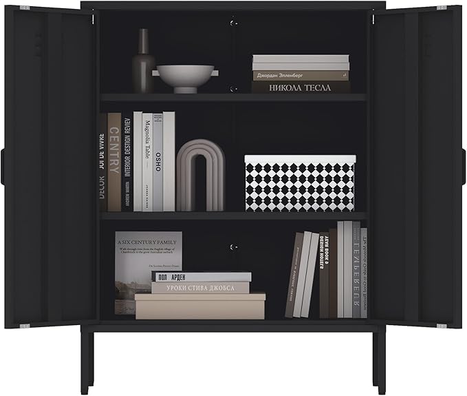 Manhattan Comfort Naomi Modern Metal Accent Cabinet, Minimalist Storage Cabinet with Doors & Adjustable Shelves, Vented Doors, Sturdy Steel Build, Versatile & Multi-Purpose Home Furniture, Black
