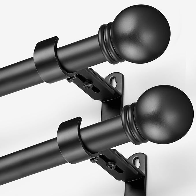 Curtain Rods for Windows 16 to 92 Inches, Curtain Rod Max Adjustable Length of 104 IN, 6/8" Diameter Drapery Rods Round Finials, Black, Pack of 2