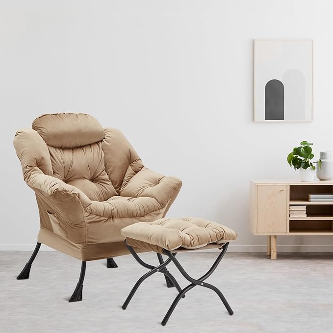 Lazy Chair with Folding Ottoman, Accent Chair Velvet Upholstered with Metal Structure and Non-Slip Pads, Sofa Armchair with Footrest and Side Storage Bag for Dorm, Room, Office, Khaki