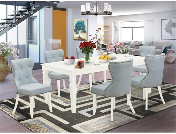 East West Furniture LGSI7-LWH-15 7 Piece Dining Room Set Consist of a Rectangle Wooden Table with Butterfly Leaf and 6 Baby Blue Linen Fabric Parson Dining Chairs, 42x84 Inch, Linen White