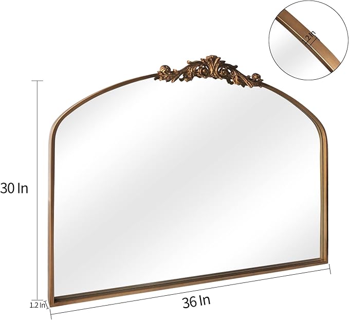 Gold Wall Mirror, Large Arched Vintage Baroque Ornate Mirrors, Traditional Decorative Antique Brass Mirror for Entryway Table, Living Room, Bedroom, Bathroom Vanity, Fireplace (30” x 36”)