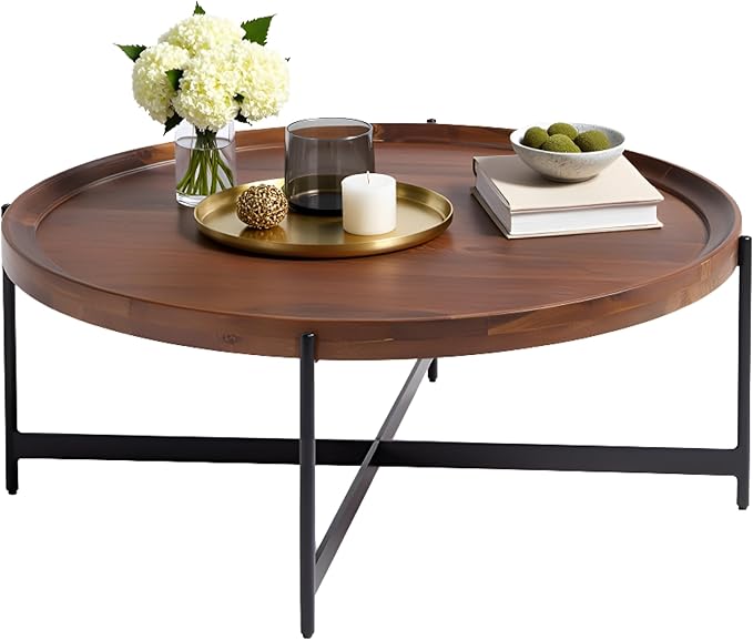 Brookline Solid Acacia Wood 42-Inch Round Coffee Table with Black Powder-Coated Metal Legs – Rustic Industrial Modern Farmhouse Living Room Furniture by Alaterre