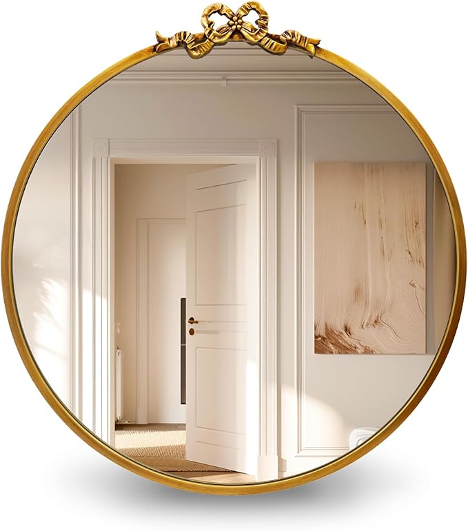 Vintage Gold Round Mirror Decorative Bathroom Vanity Mirrors 27.5inch Antique Metal Ornate Circle Wall Mirror, Baroque Bow Decor for Home Dressing Table,Bedroom,Living Room,Hallway