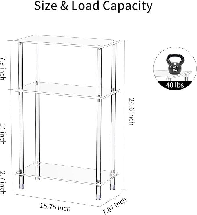 Clear Acrylic Narrow Side Table Set of 2 for Small Spaces, 15.75" L x 7.87" W x 24.6" H, 3 Tier Rectangle Slim End Table Nightstand, Small Bedside Table for Bedroom, Bathroom, Living Room