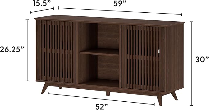 Plank+Beam Mid-Century Modern Wood TV Stand, Solid Wood Entertainment Console with Storage, 59" L x 16" W x 30" H, Walnut