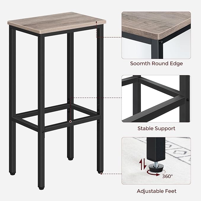 Set of 2 Bar Stools, 29.5" Tall Counter Bar Stools, Kitchen Breakfast Bar Chairs with Footrest, Rectangular Industrial Bar Chairs, for Dining Room, Greige and Black BAHG01701