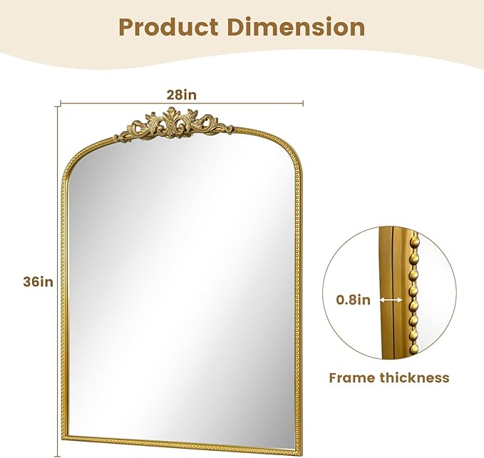 WallBeyond Gold Vintage Mirror for Vanity 28x36 Inch, Gold Antique Mirror with Ornate Frame, Arched Vintage Wall Mirror for Bathroom, Living Room, Fireplace, Entryway