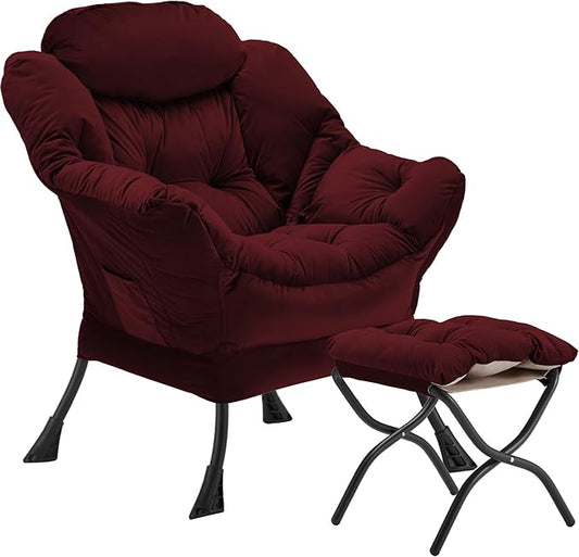 Lazy Chair with Folding Ottoman, Accent Chair Velvet Upholstered with Metal Structure and Non-Slip Pads, Sofa Armchair with Footrest and Side Storage Bag for Dorm, Room, Office, Burgundy