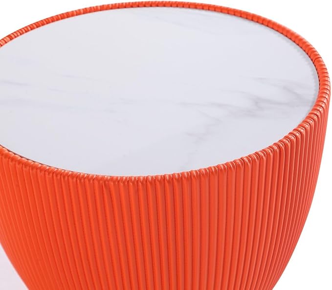 Manhattan Comfort Anderson Modern 18" Round End Table 2.0 | Ceramic Marble Tabletop, Elegant Pleated Leatherette Design & Gold Stainless Steel Base, Fully Assembled Accent Furniture, Set of 1, Orange