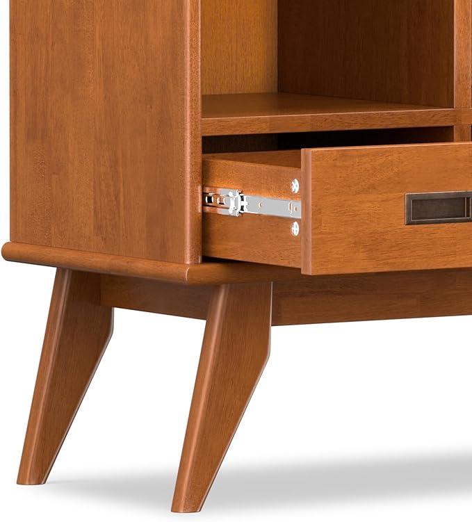 SIMPLIHOME Draper Bookcase - 58 inch Tall 9-Cube Solid Hardwood Cube Organizer with Drawers in Teak Brown, Mid-Century Storage for Living Room, Entryway or Bedroom with Cubbies and Angled Legs