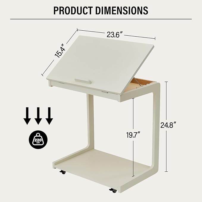CozyDH Adjustable C Shaped End Table, Rolling Side Table Solid Wood TV Sofa Tray Table for Couch Arm Eating Multi-Purpose, Small Coffee Table with Wheels Living Room Bedroom, White