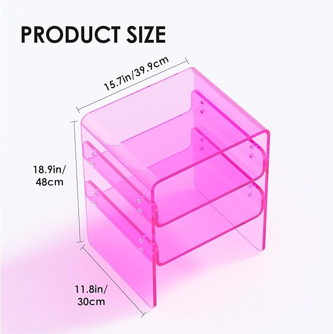 Clear Acrylic 3-Tier End Table/Nightstand – Sleek Bedside Storage with Durable Design, Perfect for Bedrooms, Living Rooms, or Modern Interiors – Ideal as a Bedside Table or Sofa Side Piece (Pink)