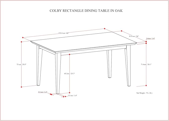 SIMPLIHOME Colby Dining Table, Solid Wood Oak Veneer in Oak, 60 x 36 inches, Contemporary-Style Rectangular Kitchen Table for up to 6 People