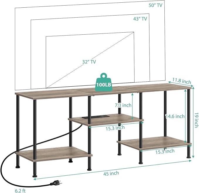BTY Farmhouse TV Stand with Storage Industrial TV Console with Power Outlet, 45 Inch Wooden TV Entertainment Cente for Living Room, Bedroom, Small Space, Grey