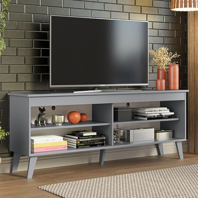 Madesa TV Stand Unit with 4 Shelves and Cable Management for 55, 65 Inch Media 1 Storage Gaming Media Console Living Room and Bedroom Entertainment Center Modern Wooden Television Cabinet - Grey
