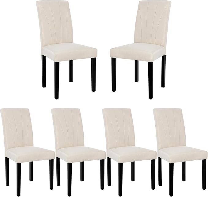 VECELO Upholstered Dining Chairs Set of 6, Modern Fabric and Solid Wood Legs & High Back, Parsons for Kitchen/Living Room- Beige