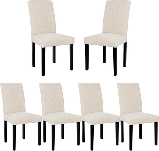VECELO Upholstered Dining Chairs Set of 6, Modern Fabric and Solid Wood Legs & High Back, Parsons for Kitchen/Living Room- Beige